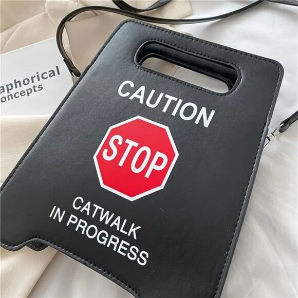 Street Style Black Caution STOP Catwalk in Progress Crossbody Purse - Picture 2 of 4